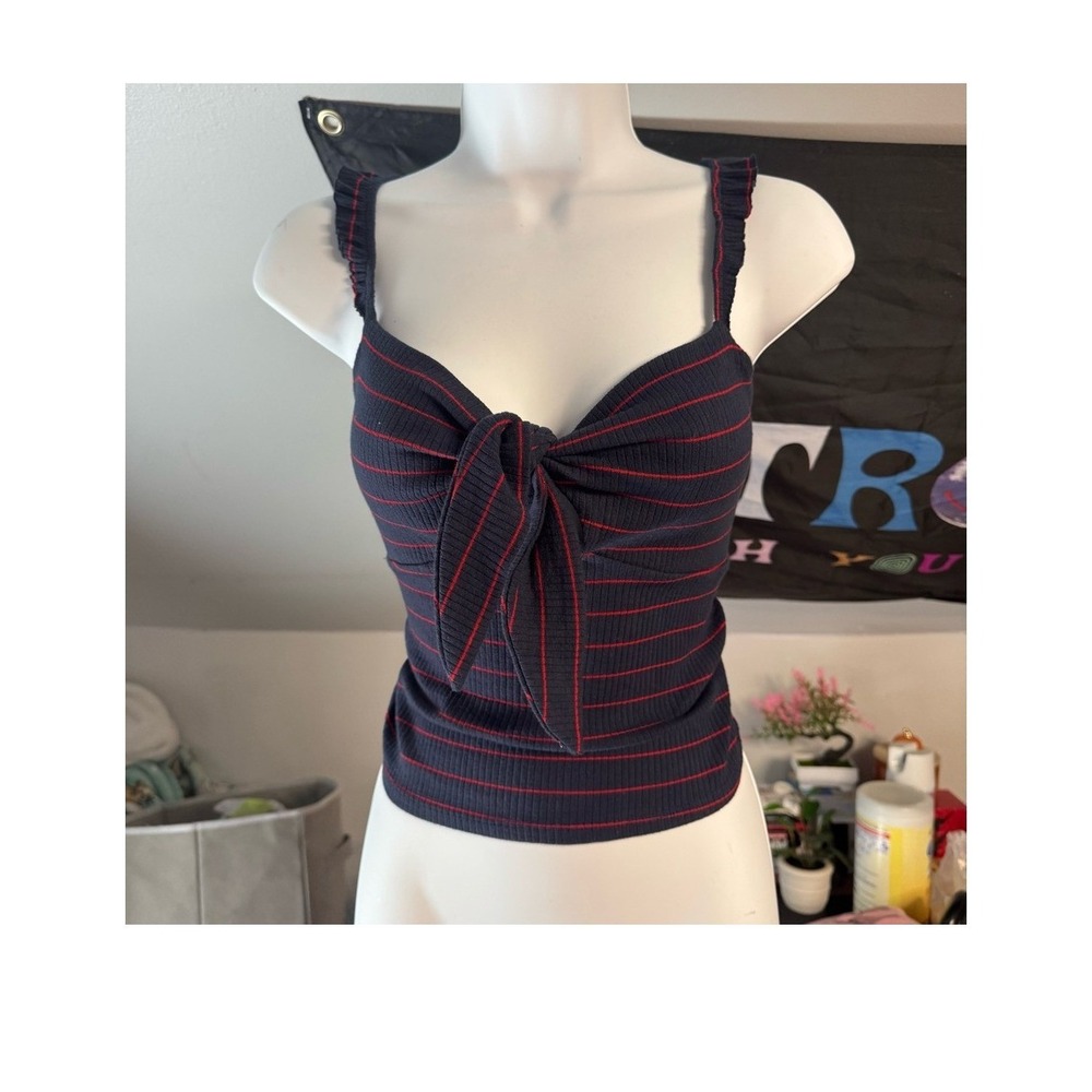 Mi Ami Womens Small Navy Blue Red Striped Ruffle Strap Tie Front Ribbed Crop Top